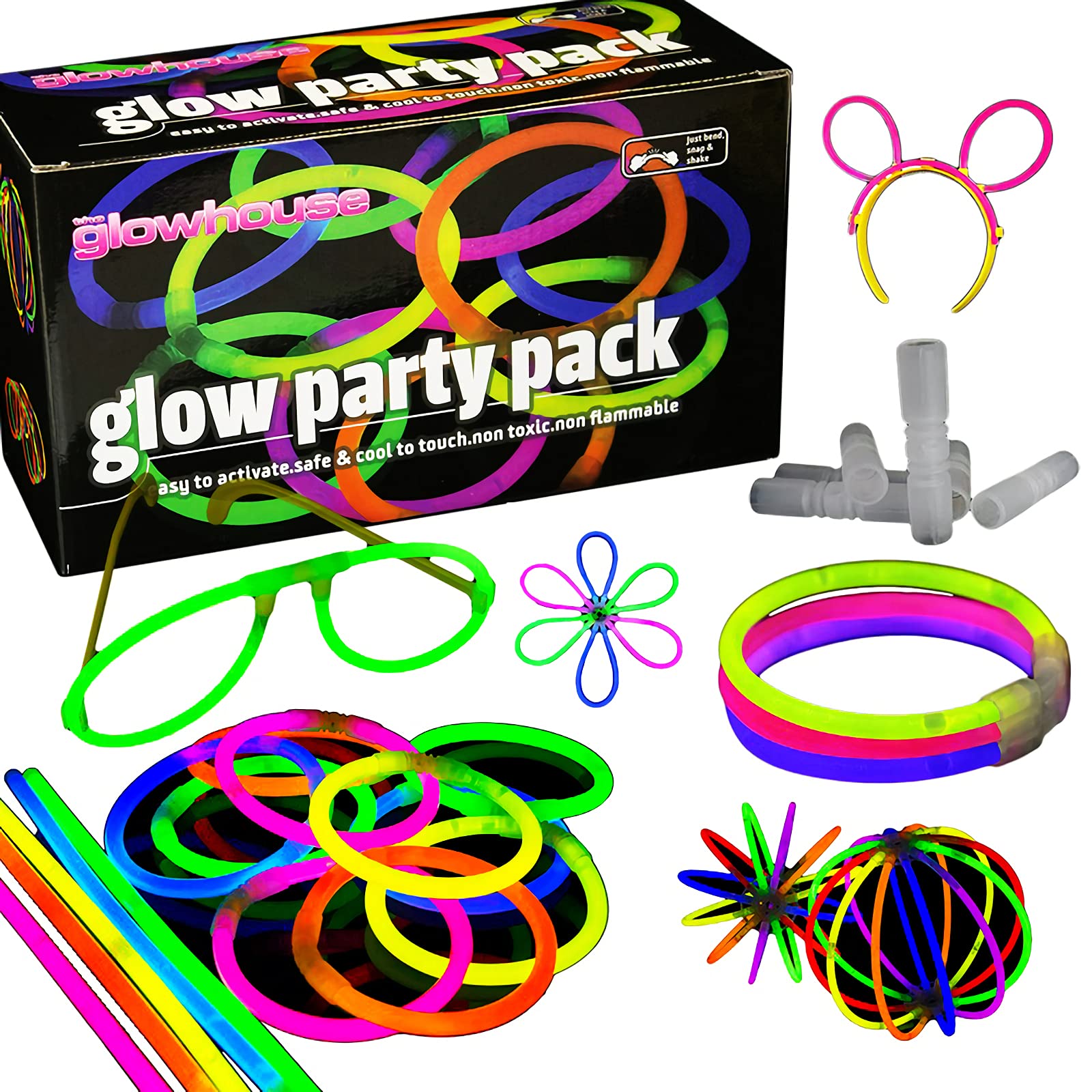 Huge Glow Stick Party Pack 220 pcs inc connectors - 100 Glow Sticks Premium Quality Glowhouse UK Bracelets, Necklaces, Eye Glasses, Bunny Ears, Balls, Triple bracelets and Flowers