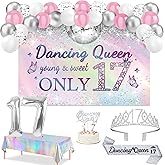 Dancing Queen Party Decorations 17, Silver Dazzle Dancing Queen Banner and Iridescence Tablecloth, Sash and Crown, 17th Birthday Cake Topper and Candles, Sweet 17 Birthday Balloon Set Arch