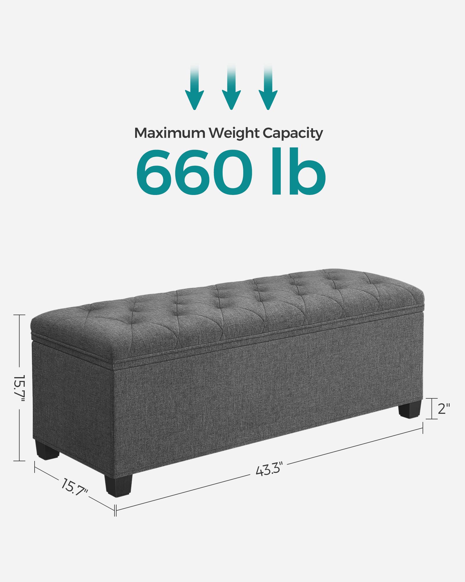 SONGMICS Storage Ottoman Bench, Foot Rest with Legs, 15.7 x 43.3 x 15.7 Inches, End of Bed Bench, Storage Chest, Load up to 660 lb, for Living Room, Bedroom, Entryway, Dark Gray ULSF088G01 - Image 5