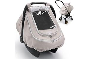 TinlyFinly Waterproof Car Seat Cover for Baby, 2-Layer Car Seat Rain Cover with Clear Window & Sunshade & Mesh Cover, Universal Infant Carseat Canopy for Stroller, Protect from Rain and Snow - Beige