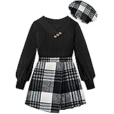 TALLWH Girls Clothes Skirt Sets V-neck Jacquard Puff Sleeve Shirts Top Plaid Mini Skirt Shorts Girls Outfits with Beret 7-14Y
