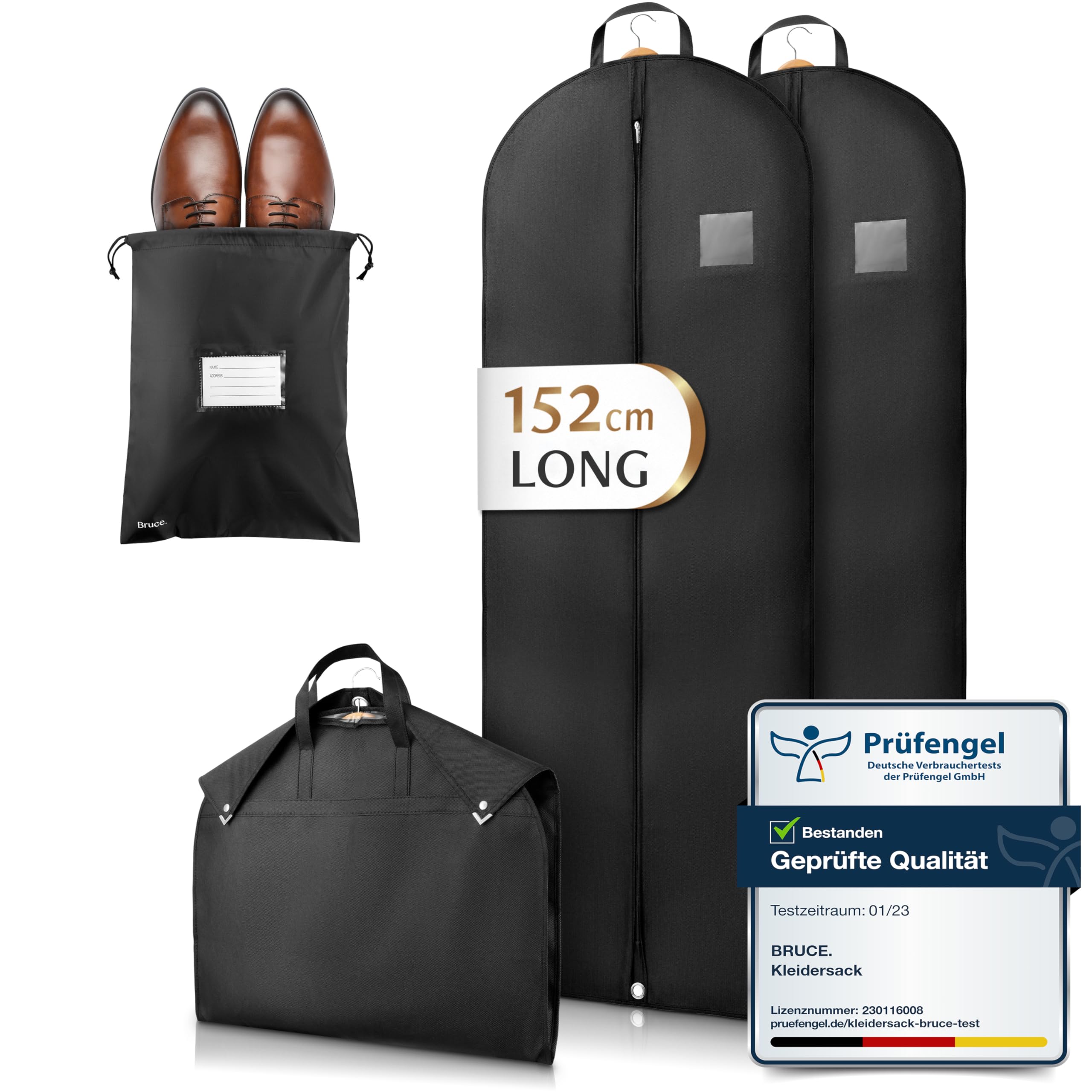 Bruce.® 2x Premium Garment Bags 152x60cm with 1x Shoe Bag, Breathable Clothes Cover for Suits, Dresses, Coats & Jackets, 120 GSM Heavy-Duty Material Perfect for Travel & Wardrobe Storage Bag
