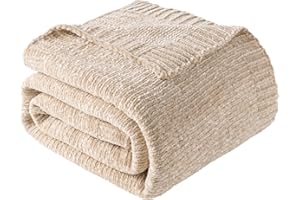 BATTILO HOME Beige Throw Blanket for Couch, Soft Cozy Warm Chenille Knitted Blanket, Decorative Boho Throw Blankets for Sofa 