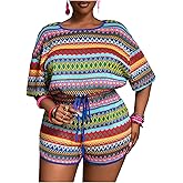 SOLY HUX Women's Plus Size 2 Piece Outfits Boho Chevron Half Sleeve Tops and Shorts Summer Vacation Sets