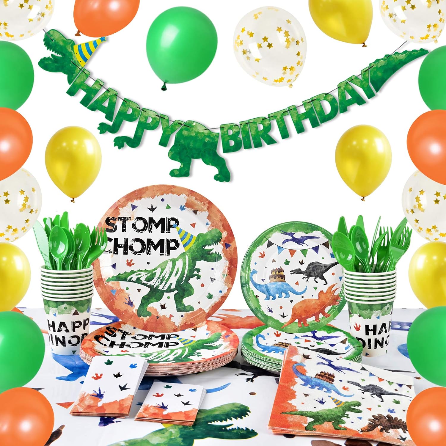 Watercolor Dinosaur Party Supplies - Dino Theme Birthday Party Decoration for Boys Birthday Banner Balloons Plates Cups Napkins Cutlery Bag Table Cover Tableware Utensils Serves 16 Guests 153 PCS: Toys & Games