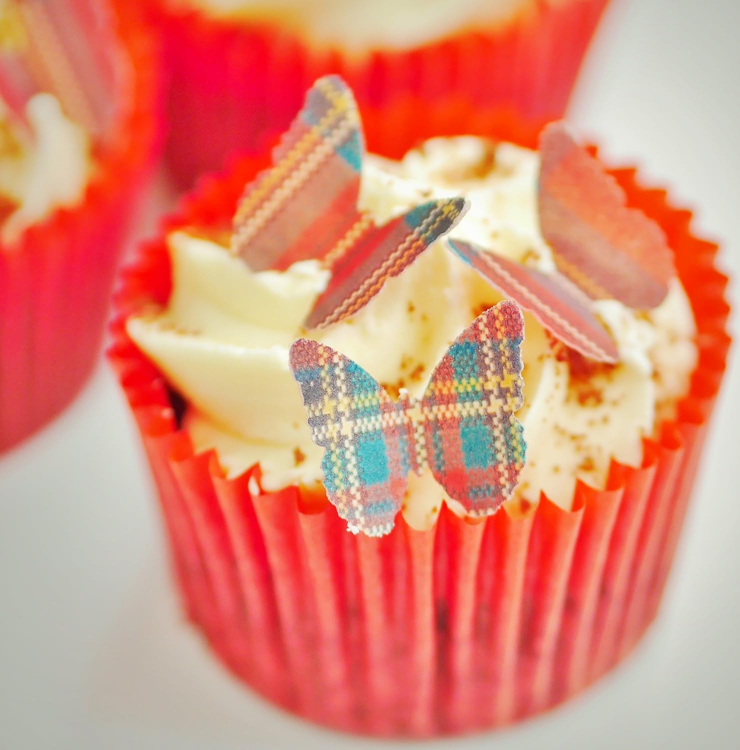 Edible Tartan Butterfly Cake Toppers Red Plaid Wafer Butterflies