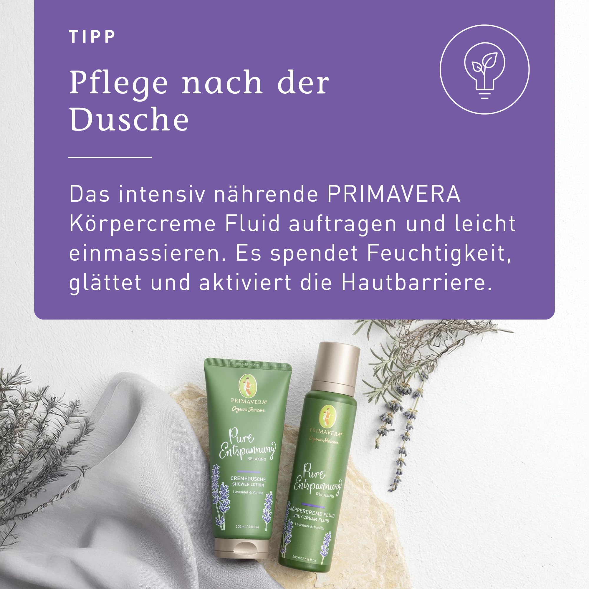 PRIMAVERA Pure Entspannung Cremedusche 200 ml – Duschgel, Duschbalsam, Naturkosmetik – Lavendel, Vanille Duft – reinigt sanft, beruhigt, pflegt – vegan 4