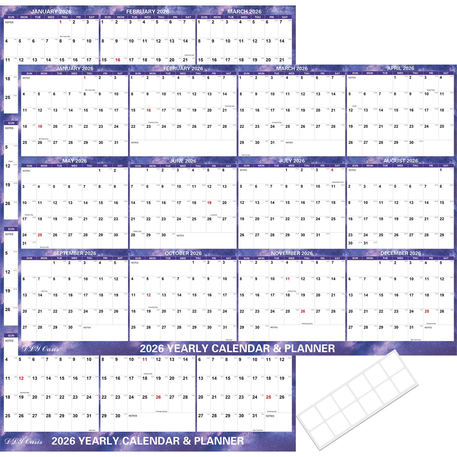 Photo 1 of 32" x 48" 2026 Wall Calendar Dry Erase - Folded Large Starry Sky Wall Calendar 2026, Wet & Dry Erasable, Laminated 12-Month Annual Yearly Planner, Reversible, Horizontal/Vertical, Purple