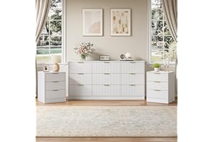 NOVAMAISON 9 Drawer Fluted Dresser & Nightstand Set 3-Piece, 63” Long Dresser and Night Stand Set of 2, Fluted Modern Wood Chest of Drawers Storage Dressers Set for Bedroom, White