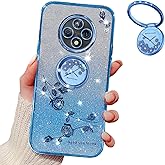 MRRSIWEI for Xiaomi Redmi 14C 4G Case for Women Girls, Luxury Plating Bling Glitter Sparkle Flowers Shockproof Case with Ring Stand for Xiaomi Redmi 14C 4G.Flowers Blue