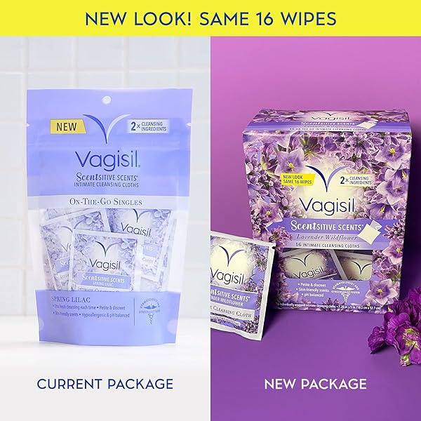 VAGISIL SCENTSITIVE SCENTS ON-THE-GO FEMININE CLEANSING WIPES, PH BALANCED, LAVENDER WILDFLOWER, INDIVIDUALLY WRAPPED, 16 COUNT (PACK OF 1)