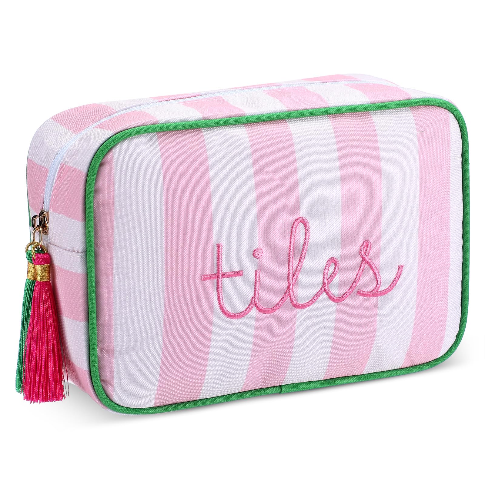 Sanwuta Mahjong Tile Bag with Zipper, Striped Embroidered Mahjong Storage Pouch Mah Jong Bags for Tiles Board Game Pieces Game Party Travel Gatherings Accessories(Pink,Classic)