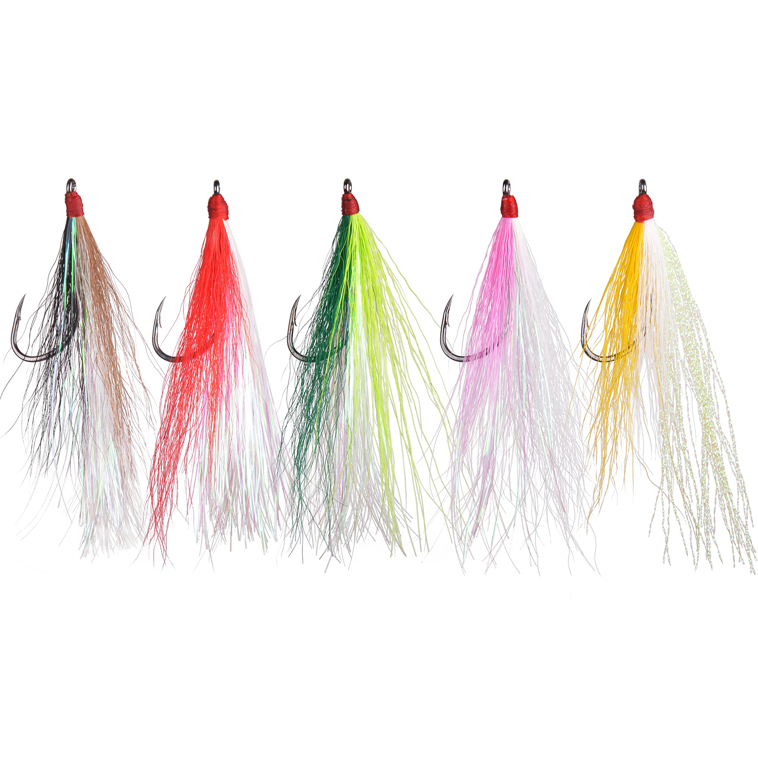Bucktail Teasers Fishing Hook Saltwater Fishing Jig Hooks 5pcs Teaser Lures High Carbon Steel Hook with Crystal Flash Feather Fluke Rig Fly Fishing Bass Sea Lures (5pcs Bucktail Teasers)