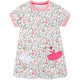 FreeLu Girls' Cotton Short Sleeve Dresses Cute Stripe Cartoon Patterned Casual Sundress