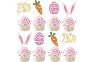 Rsstarxi 24 Pack Glitter Happy Easte Cupcake Toppers Carrot Rabbit Easter Egg Decor Cupcake Picks for Bunny Ear Theme Baby Shower Spring Theme Birthday Easter Party Cake Decorations
