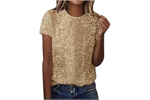 GENERIC Sparkle Tops for Women Party Night Crewneck Short Sleeve Sequin Top Casual Dressy Loose Fit Glitter Shirts