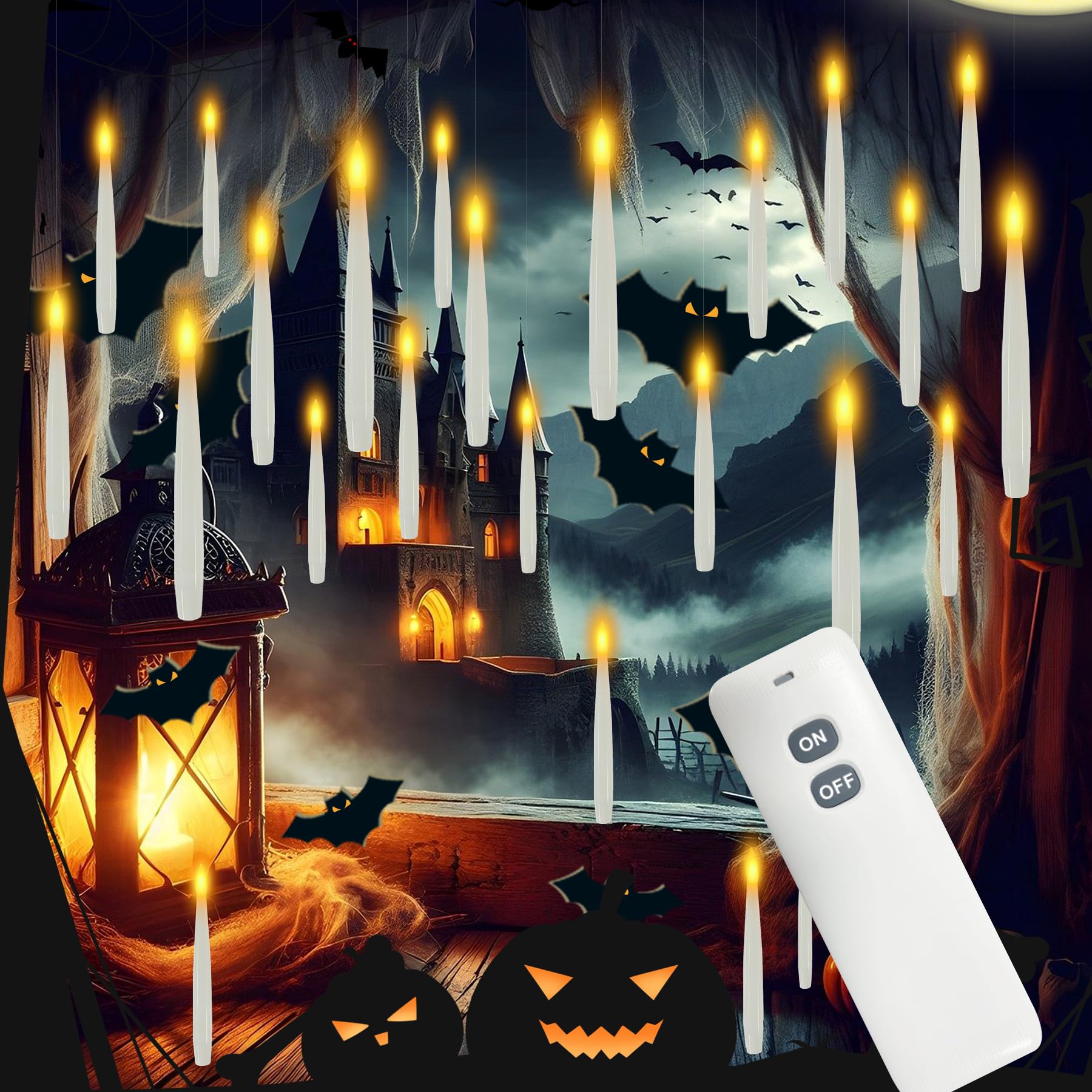 Photo 1 of Halloween Decoration Floating Candles with Remote, 15 PCs Taper Flickering with 2-Key Remote, 3D Warm Light LED Flameless Candle Battery Operated Classic Taper Candle Set for Home Party Christmas
