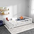 i-POOK Twin Floor Bed for Children, Sturdy Wood Montessori Bed Frame with Wood Slats, High Fence & Small Door, Montessori Floor Bed for Girls and Boys, White