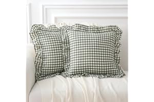 YOKKITA 2 Pack Sage Green White Ruffle Gingham Throw Pillow Covers 18x18 inches, 100% Cotton French Country Rustic Vintage Decorative Bed Pillow Shams (Sage Green/White, 18x18 inches)