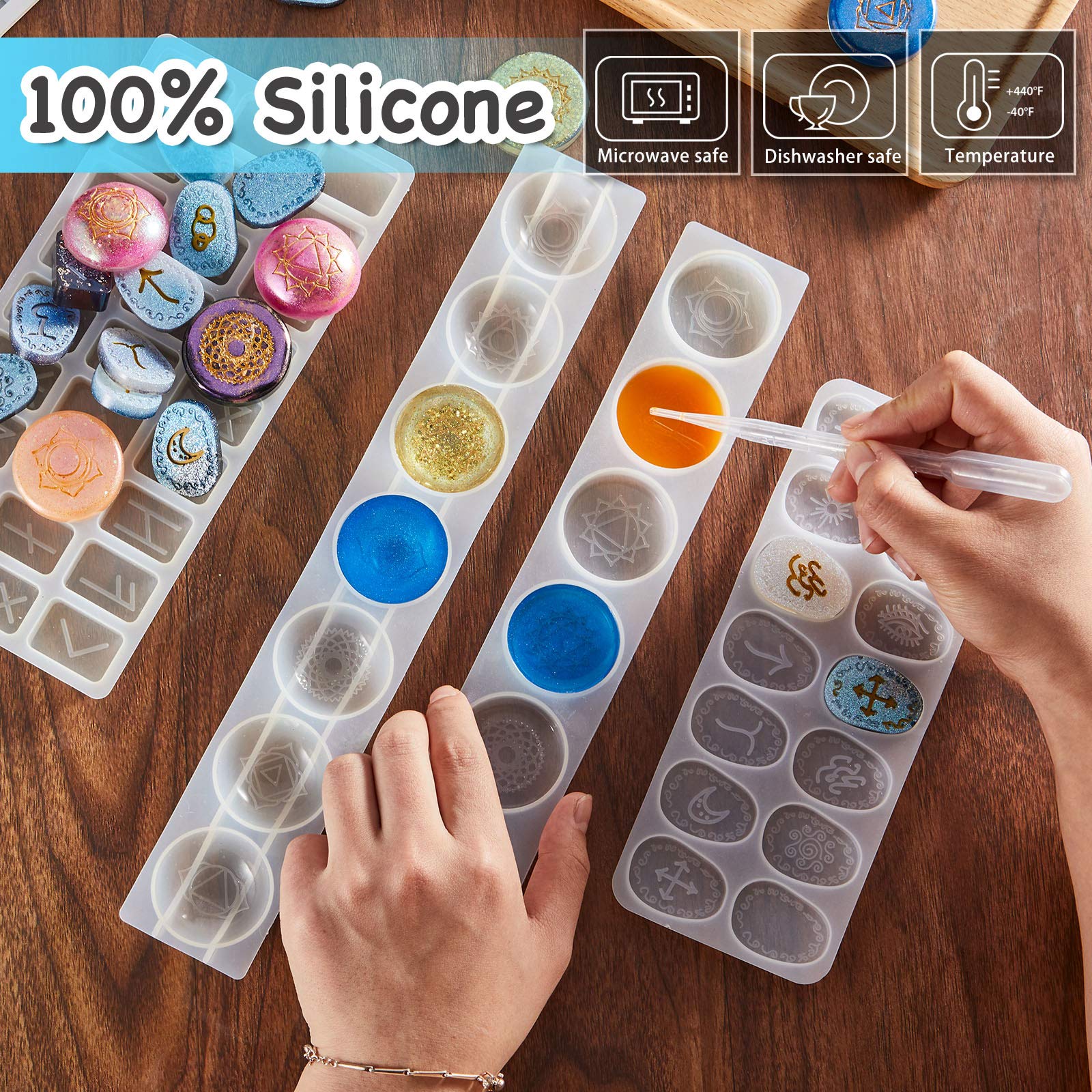 Geiserailie 7 Chakras Stones Resin Mold Rune Silicone Mold Symbol Rune Letter Epoxy DIY Symbol Word Casting DIY Resin Craft for Handmade Crafts Making Supplies