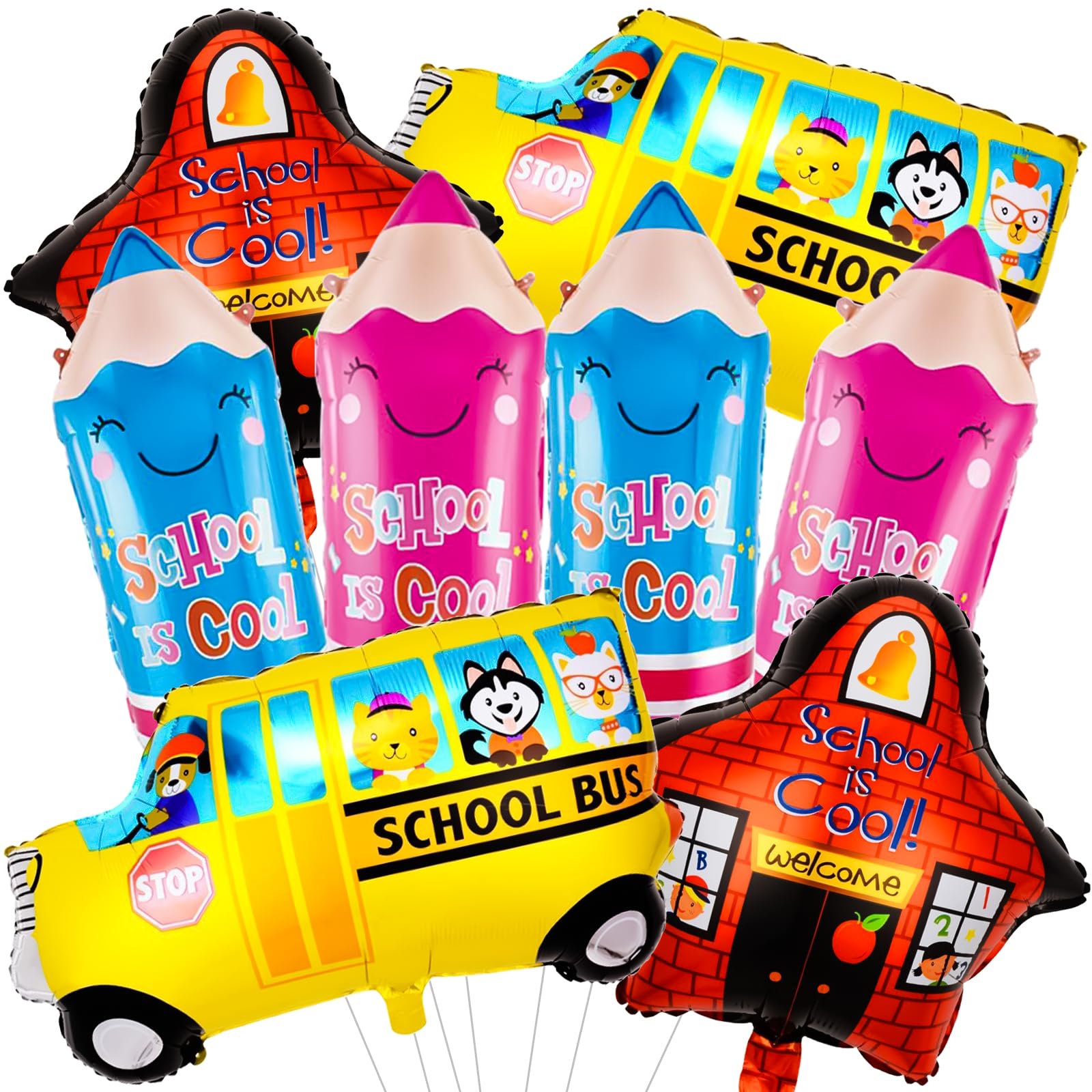 Photo 1 of 8 PCS Back to School Decorations, School Bus House Blue Pencil Pink Pencil Foil Balloon, Back to School Balloons for Welcome Back to School Party Decorations First Day of School Decorations