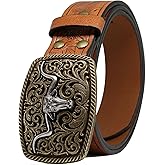 Western PU Leather Cowboy Cowgirl Belt for Men & Women - Vintage Flower Buckle Embossed Leather Belts for Jeans Pants
