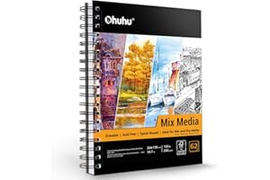 Mix Media Sketchbook, Ohuhu 7" × 10" Watercolour Paper for Wet or Dry Media, 120 lb / 200 GSM Heavyweight Papers 62 Sheets / 