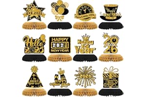 ZCPTZ 12Pcs Happy New Year 2026 Honeycomb Centerpieces Black and Gold New Year Honeycomb Table Decorations for New Years Eve Party Supplies, Table Wall Ceiling Decor for 2026 NYE Party Centerpiece