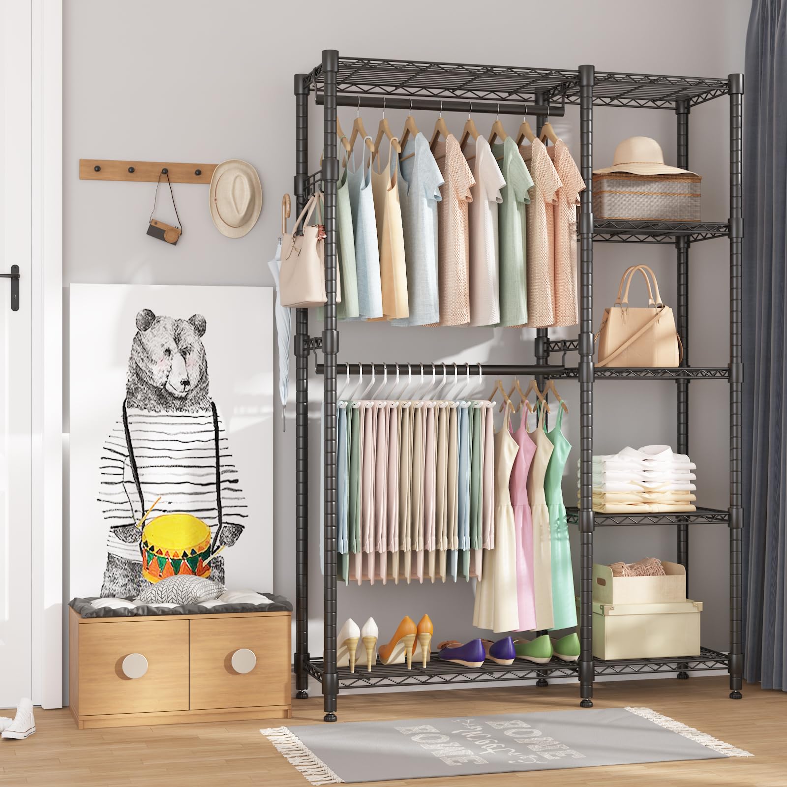 Homdox Heavy Duty Clothes Rack with Double Rods, 5-Tier Freestanding Wardrobe System, Adjustable Metal Clothing Rack with Side Hooks, Portable Closet Organizer for Hanging Clothes, Black