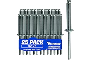 Fastenere Pop Rivets - 1/4" x 1" (25 pcs) Heavy Duty, Open-End, Low Carbon Steel, Dome-Head Blind Rivets, Corrosion-Resistant & High Shear Strength, 8-16 Gap 0.876"-1.00"