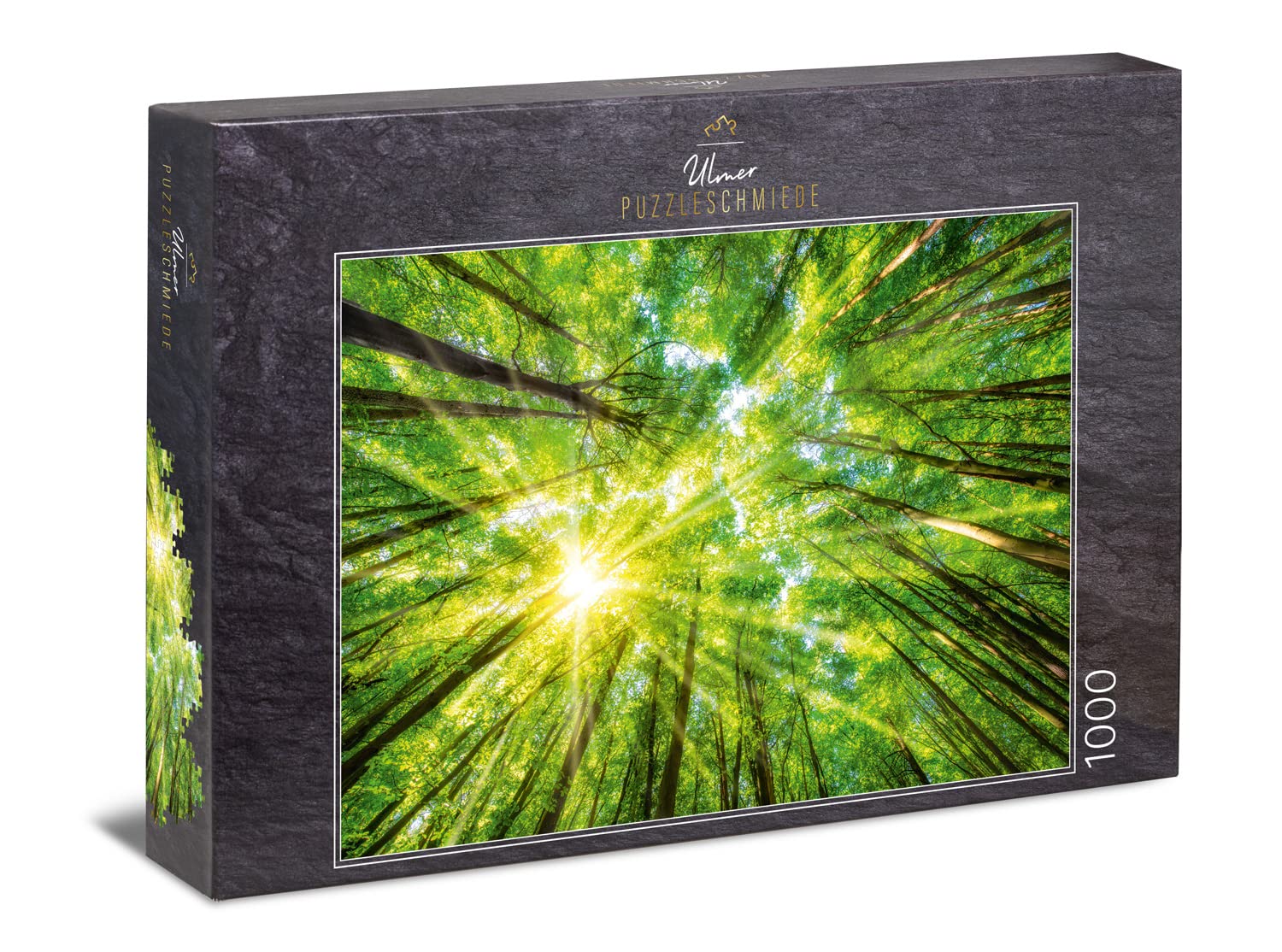 Ulmer Puzzleschmiede - Puzzle "Light and Shadow" - Atmospheric forest puzzle with 1000 pieces - The sun shines through the tree peaks at a vertical view from the forest floor to the sky