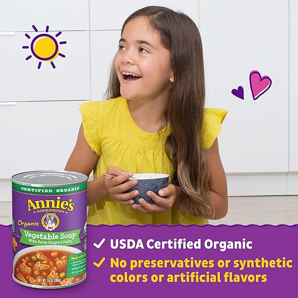 ANNIE’S ORGANIC VEGETABLE SOUP WITH FARM-SHAPED PASTA, 14 OZ