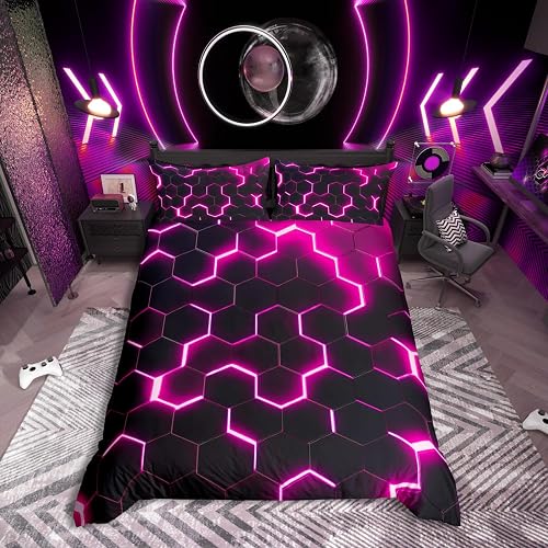 Homewish Pink and Black Print Single Duvet Cover for Girls Women, Neon Honeycomb Bedding Sets for Boys Teens, Geometric Hexagonal Design Comforter Cover Bedroom Decor with 1 Pillow Case