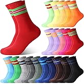Newcotte 20 Pairs Colorful Striped Crew Socks Retro Cotton Striped Tube Athletic Cushion Socks for Women Men Sports Running