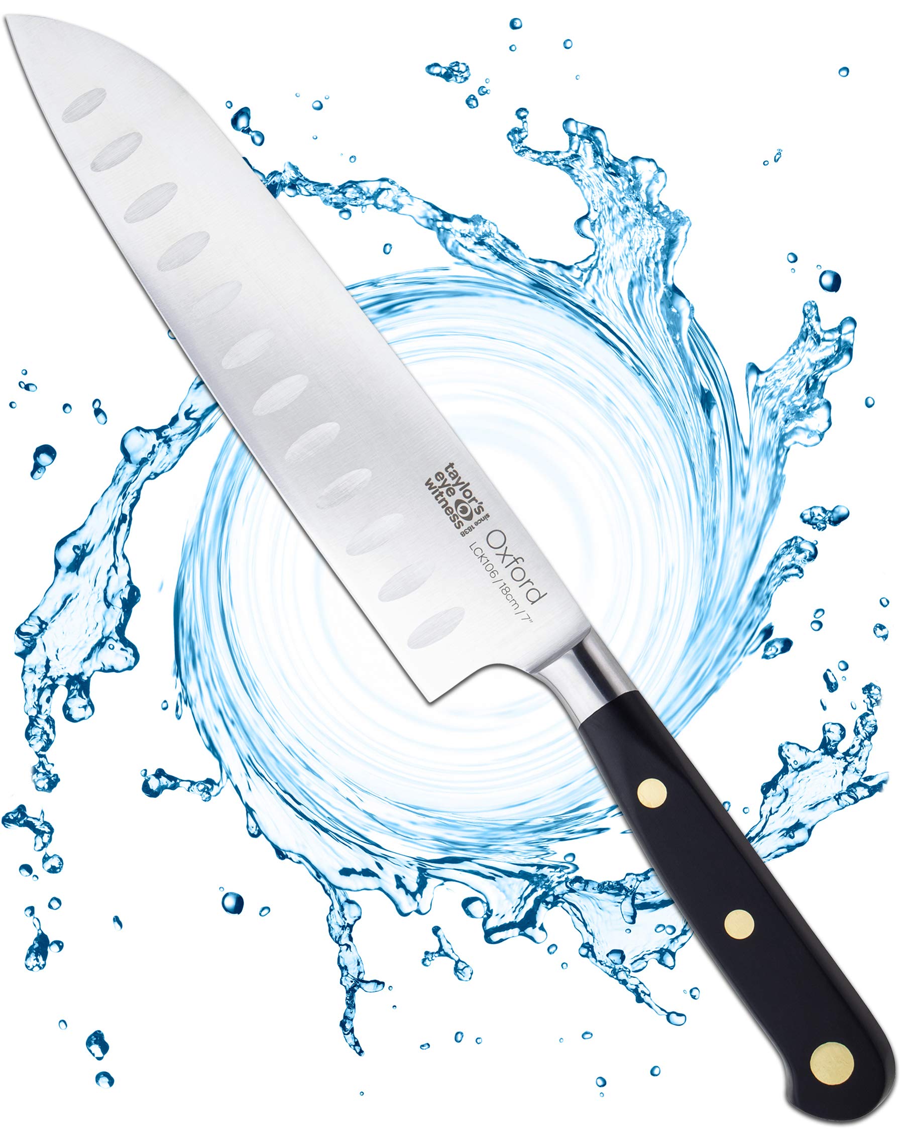 Taylors Eye Witness Oxford Professional Scalloped Santoku Knife - 17cm/7” Full Tang Blade, Graded Taper Ground Stainless Steel. Traditional Triple Brass Rivet Handle. Razor Sharp.