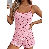 Ekouaer Pajama Sets for Women 2 Piece Camisole Pjs Cute Print Sleepwear Ribbed Sexy Tank Top with Shorts S-XXL