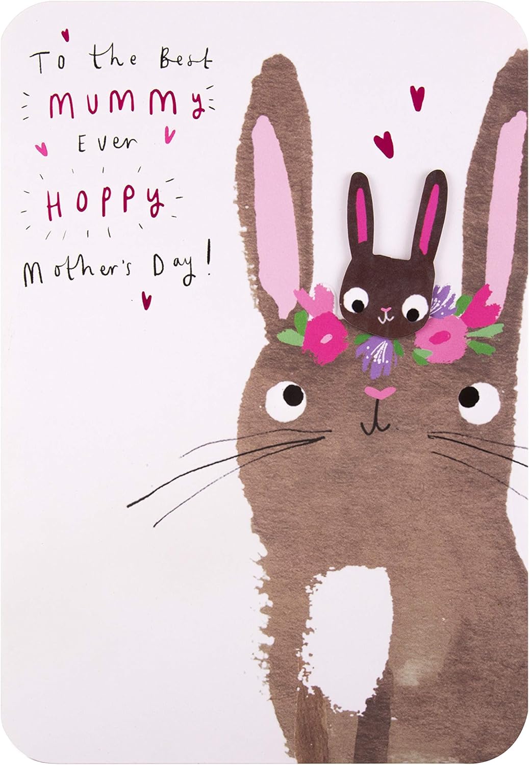 Hallmark Mothers Day Card for Mummy Cute Rabbits Design, From Daughter, Brown, Pink, White, Cute Hearts Hoppy Rabbits