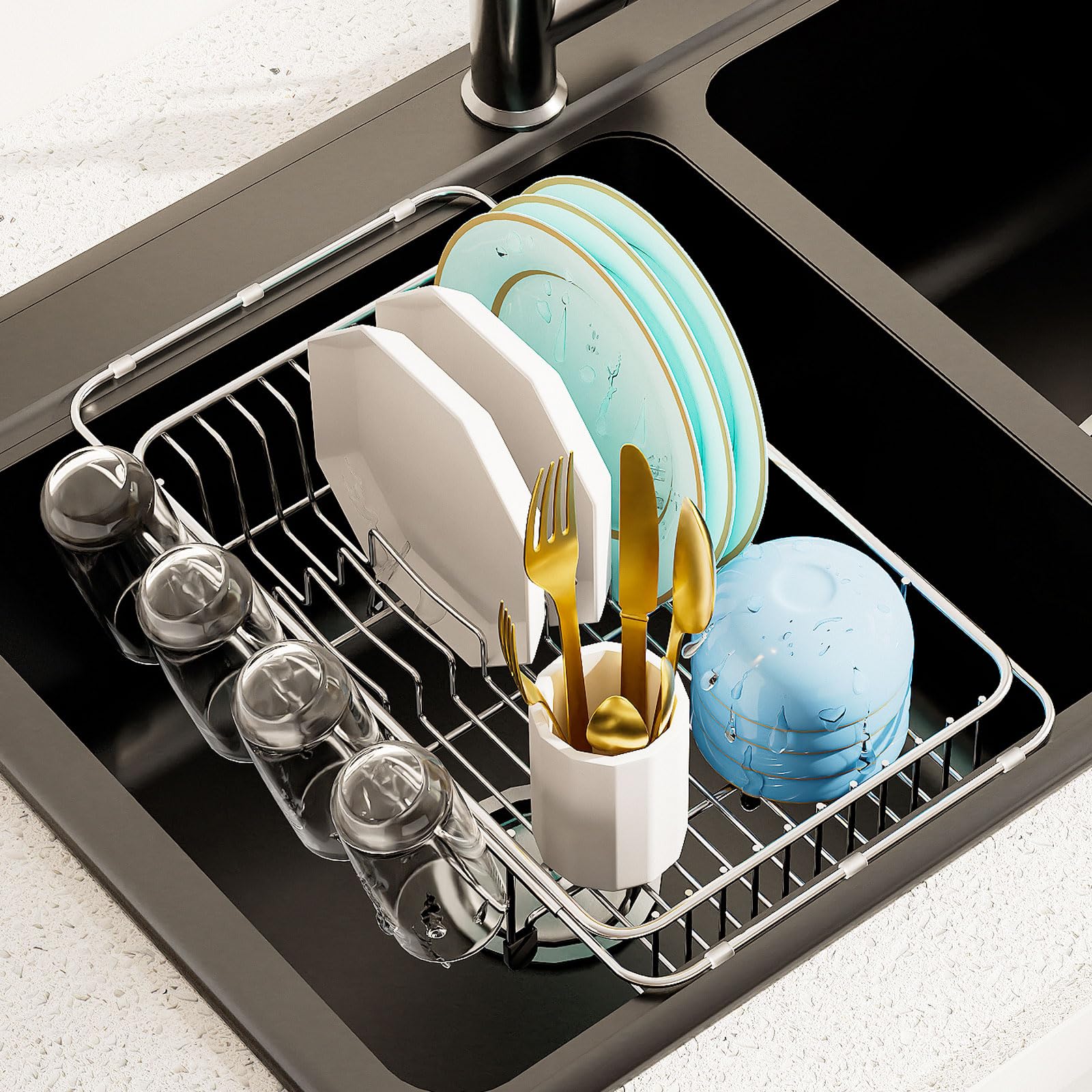 Photo 1 of AIDERLY Dish Drying Rack in Sink Expandable Stainless Steel Kitchen Dish Drainer with 4 Cup Holders, Silver