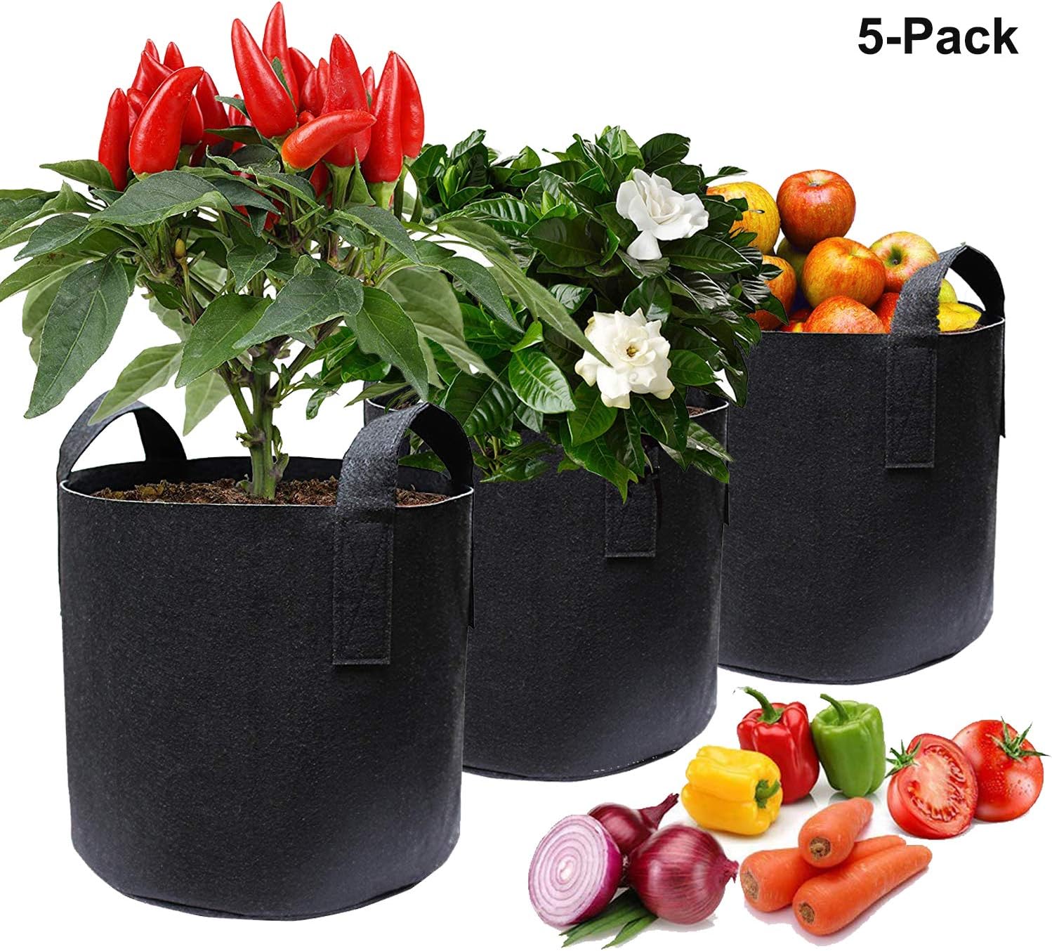 iBUY 5-Pack 5 Gallon Grow Bags Container Aeration Fabric Pots with Handles for Potato Plants-Reinforced Weight Capacity & Extremely Durable (Black)