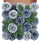BLISOUL Artificial Flowers Foam Fake Roses 25pcs Series Blue Colors Roses with Stems for Home Decor DIY Wedding Bouquets Party Bridal Shower Centerpieces Faux Flower Arrangements Tables Decorations