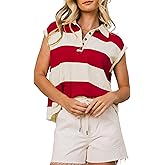 Bell Princess Women's Striped Sweatshirts Sleeveless Knit Polo Shirt Button Front Vest Lapel Pullover Tops