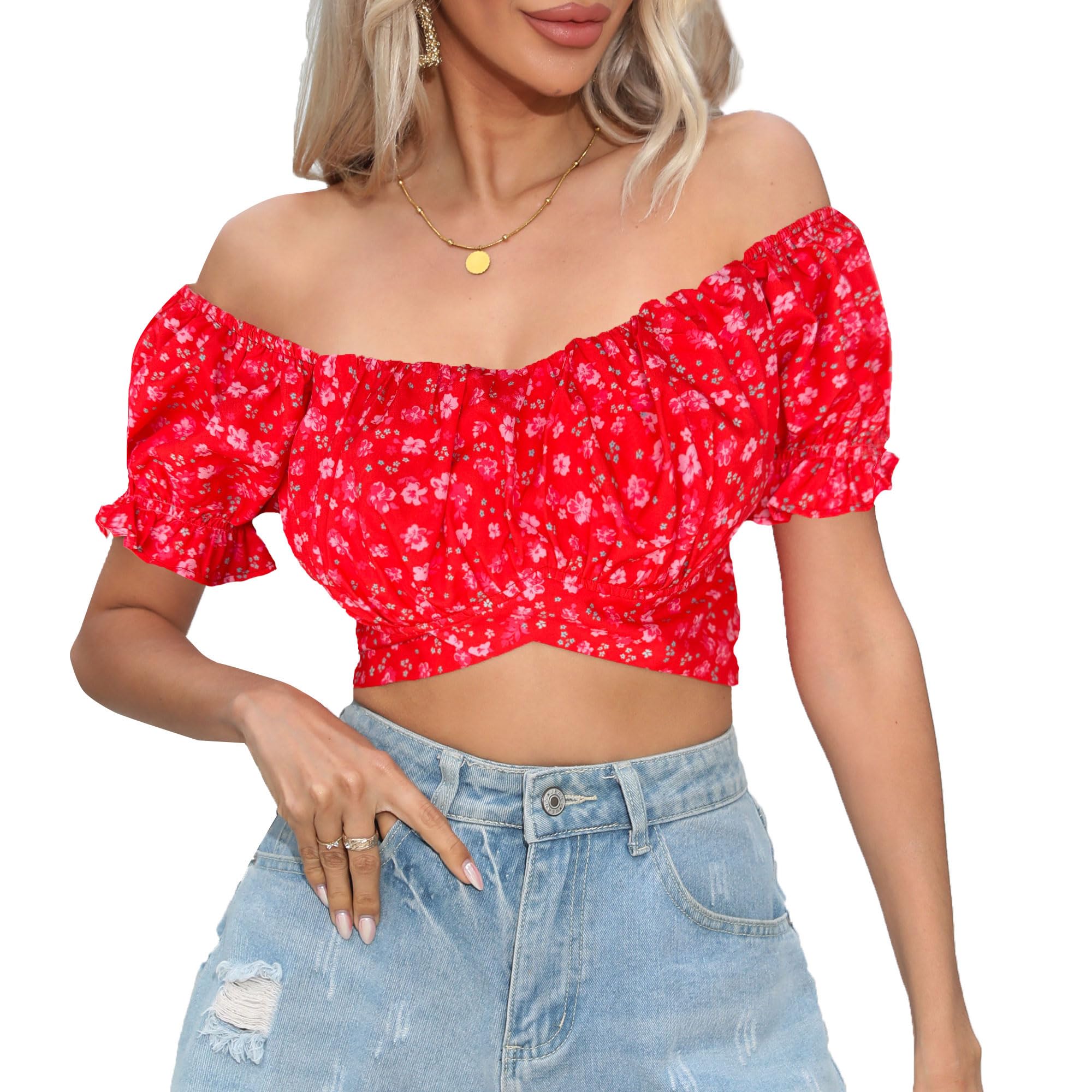 COOUFE Women's Crop Tops Ruffle Short Sleeve Tie