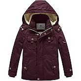 WenVen Boy's Winter Sherpa Jacket Heavy Twill Cotton Military Coat with Hood