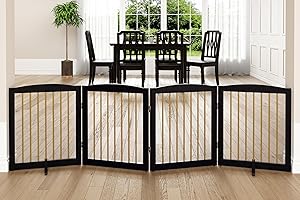 PUPETPO Freestanding Pet Gate for Dogs, Foldable Wooden Dog Gate for House, Indoor Dog Gate for Stairs, Doorways, Step Over Pet Puppy Safety Fence, 80 Inch Wide, 4 Panels 24", Black & Gold
