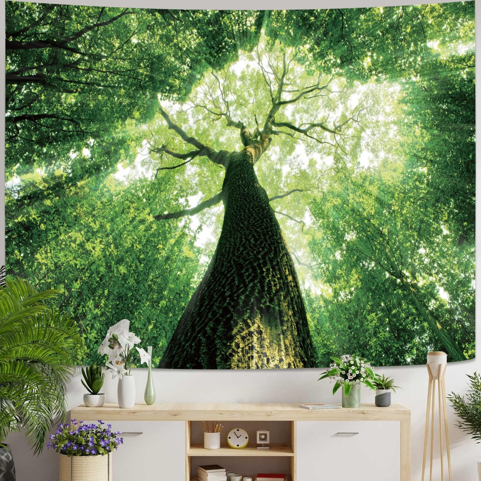 Skcess Forest Tapestry Nature, Green Wall Towel XXL Tapestry Landscape Tree Sunrise Tapestry Wall Hanging Wall Decoration for Bedroom 350 x 256 cm