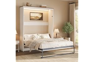 Jocisland Queen Size Murphy Bed with LED Light, Farmhouse Foldable Wall Bed with Charging Station & Gas Struts, Space-Saving 