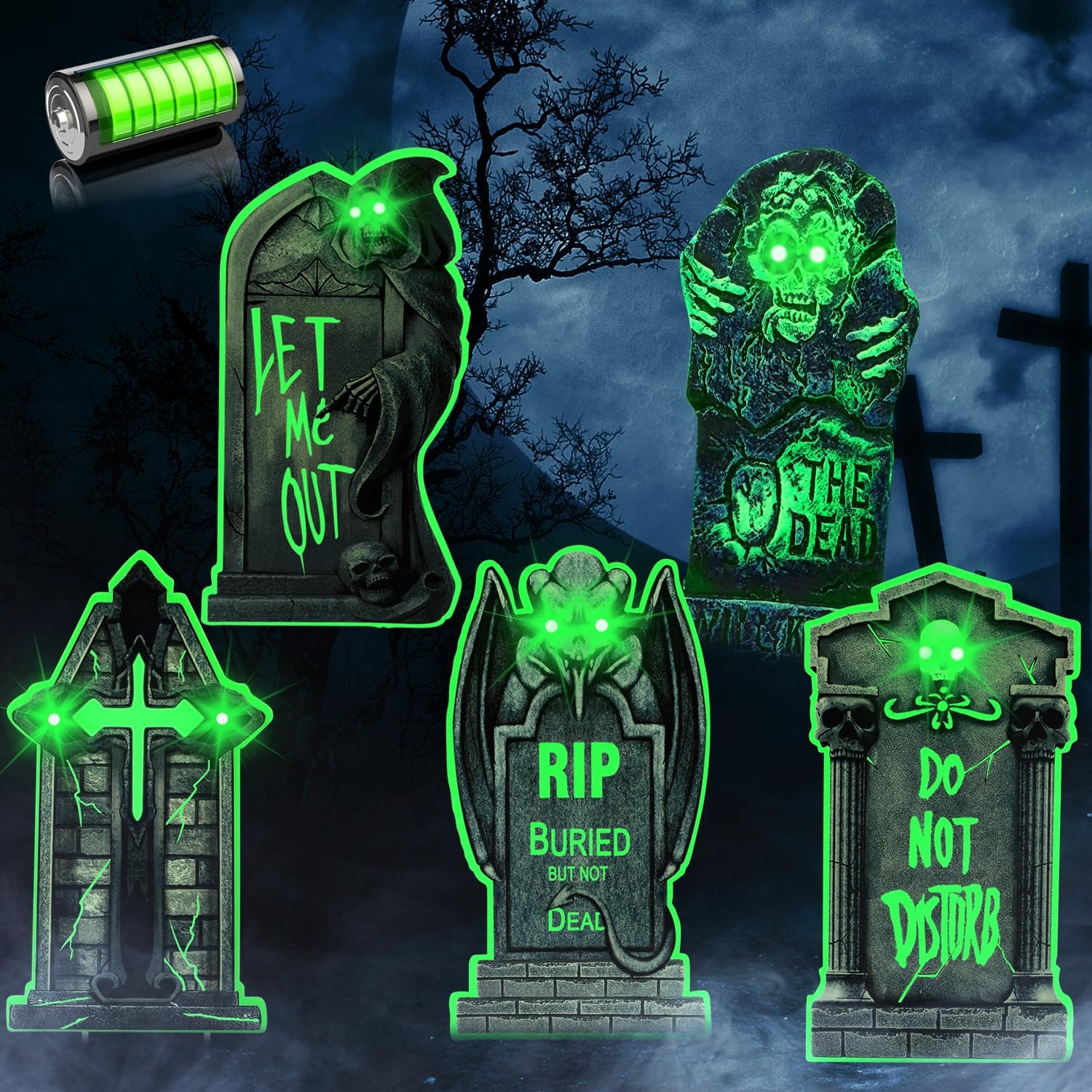 Yard Signs - JUOIFIP LED Halloween Graveyard Tombstones 5 Pack, 15 Inch Tombstones Halloween Decorations with 10 Plastic Stakes, Halloween Yard Signs for Halloween Outdoor Yard Decorations Green 02