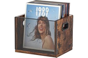 Aimeaihe Vinyl Record Storage Crate, Cube Record Holder Storage 70+ Records, Metal & Wooden Vinyl Storage Record Display Organizer with Handles, Rustic Brown