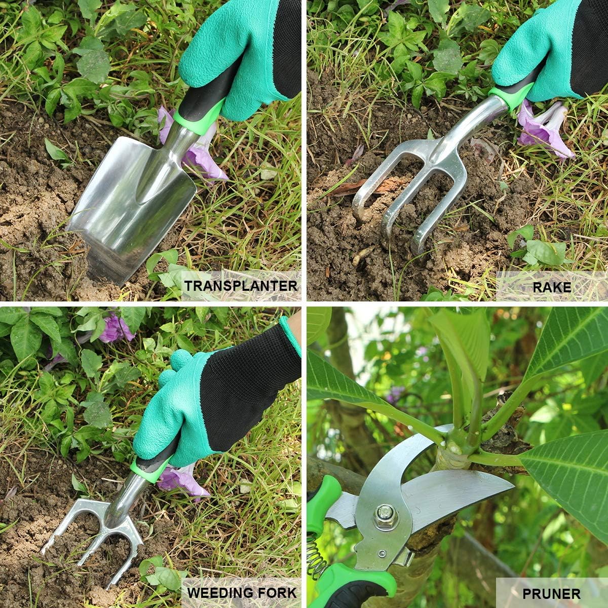 Aladom Garden Tools Set 10 Pieces, Gardening Kit with Heavy Duty Aluminum Hand Tool and Digging Claw Gardening Gloves for Men Women, Green : Garden & Outdoor