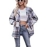 HangNiFang Womens Plaid Flannel Hoodie Shirts Long Sleeve Button Down Jacket Coats